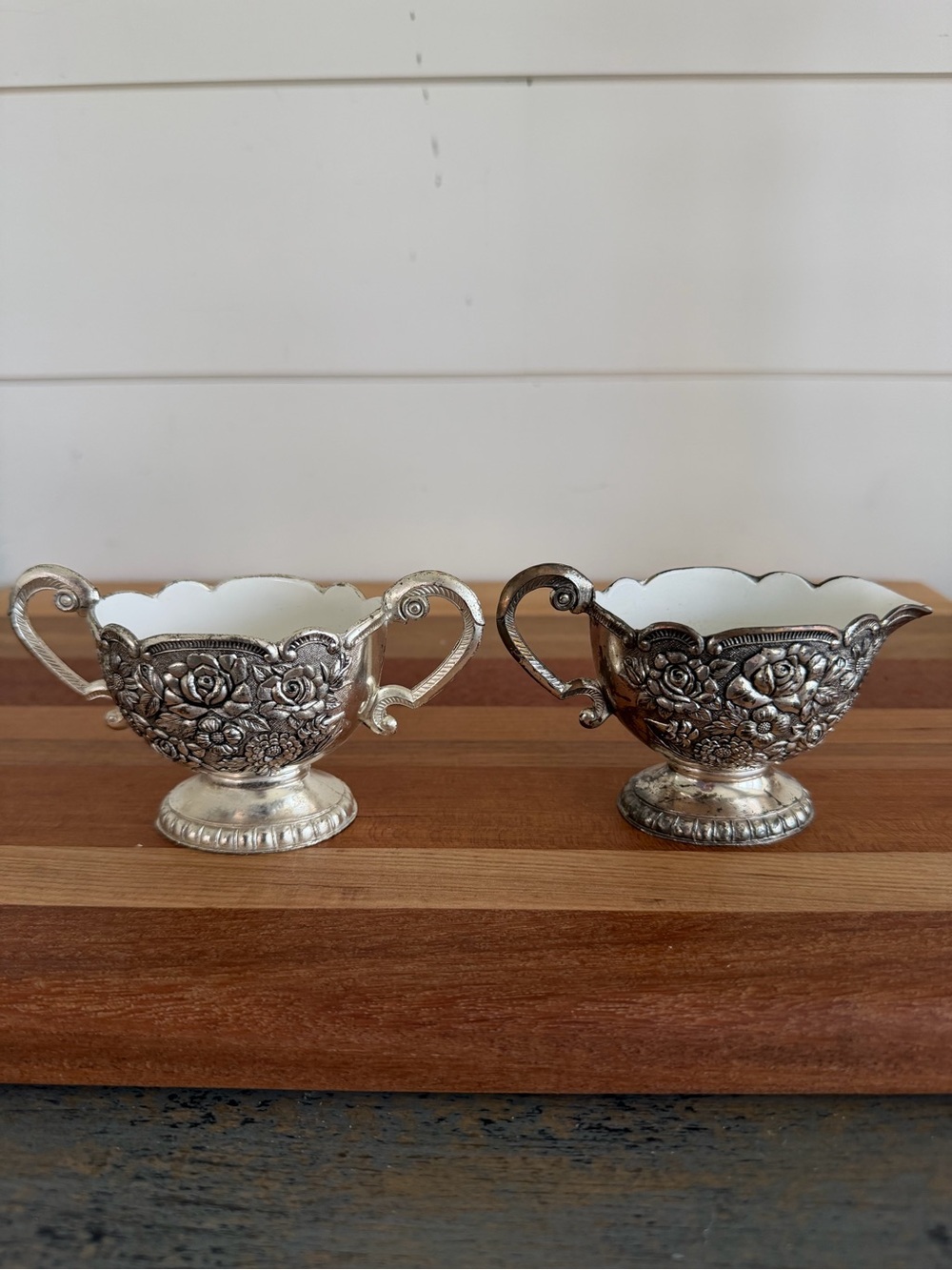 VTG Silver Overlay & Porcelain Creamer and Sugar Set Petite Floral